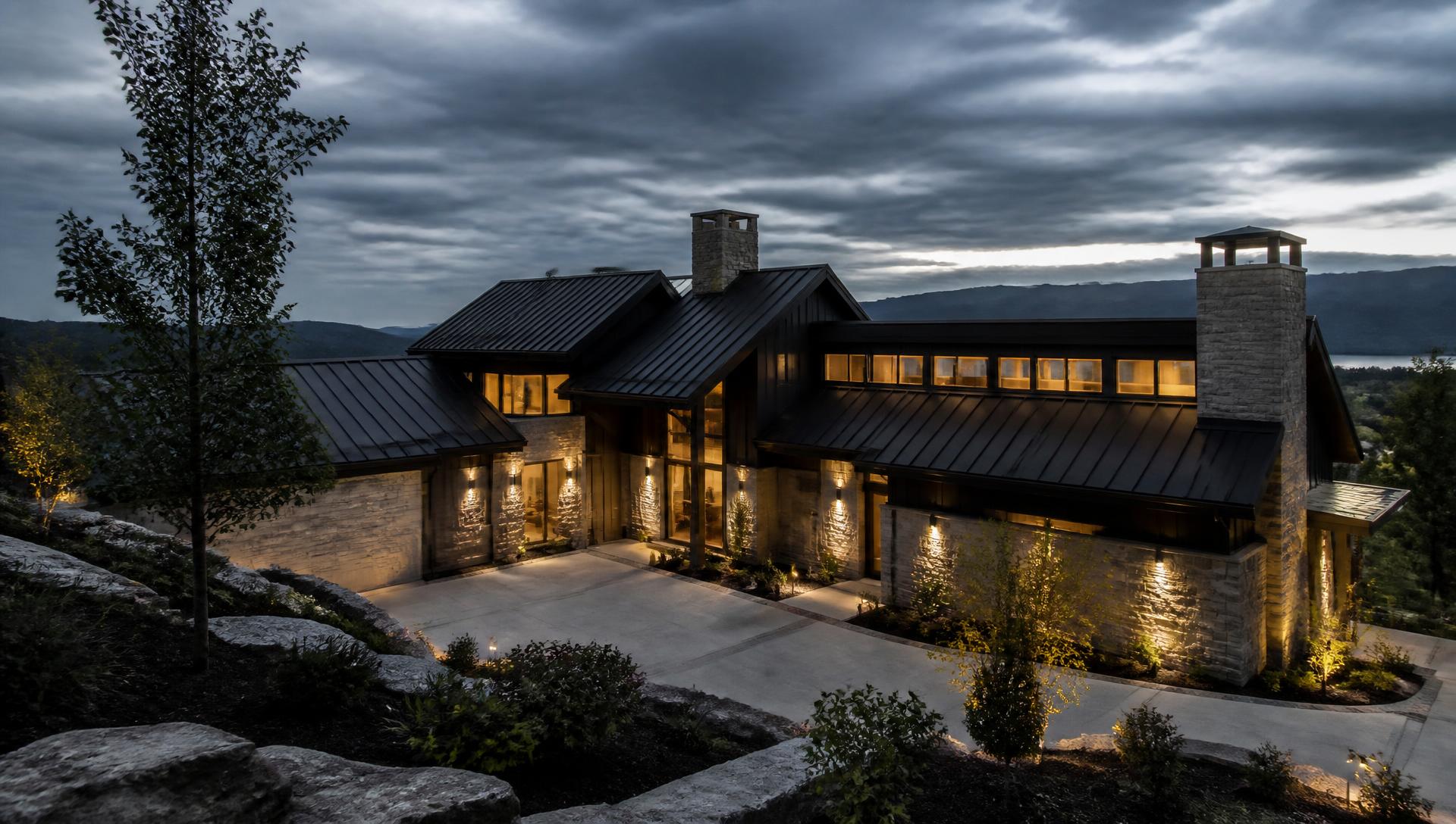 Contemporary hillside home with a matte black standing seam metal roof at dusk