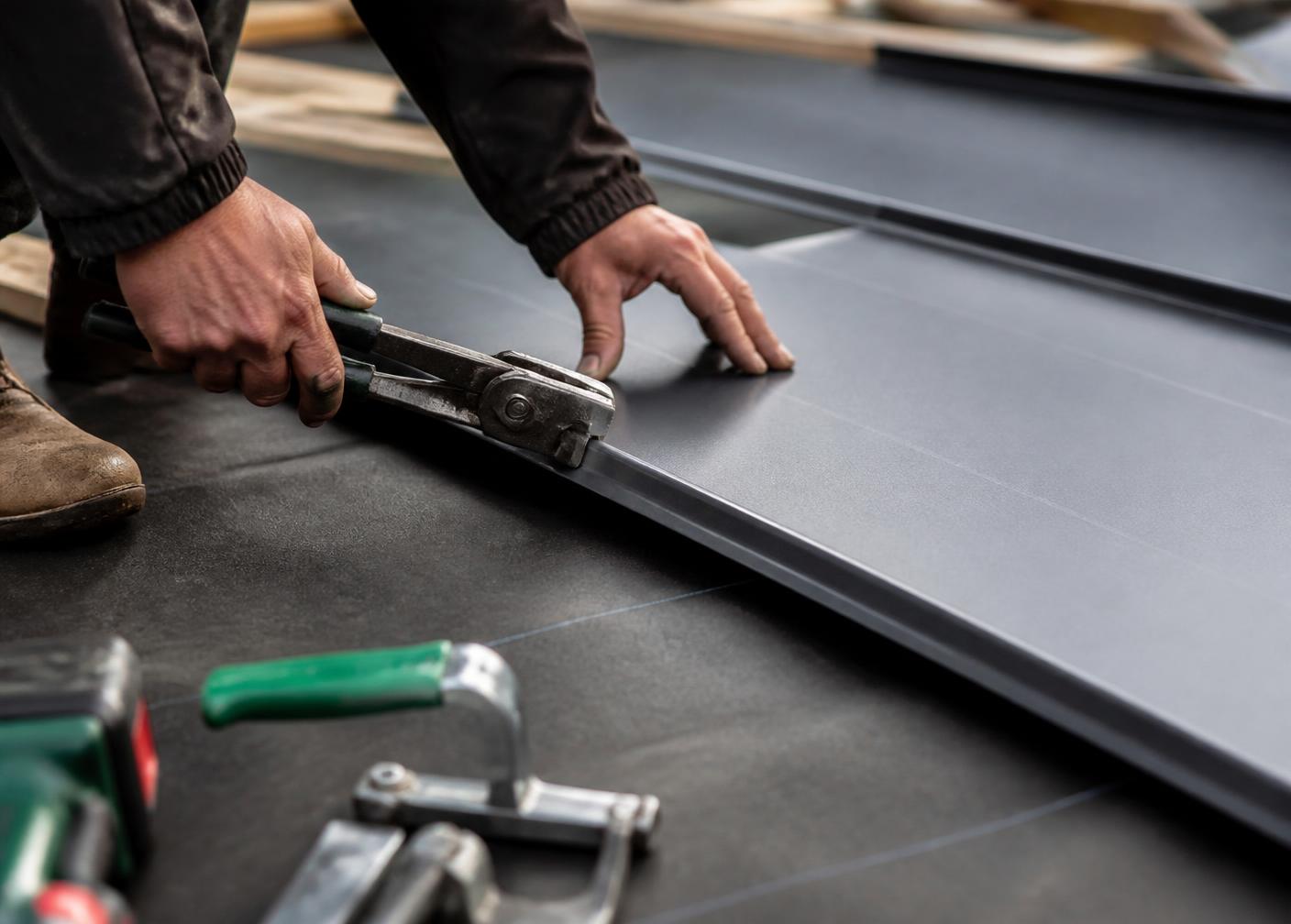 Roofing craftsman hand-seaming a metal roof panel during installation