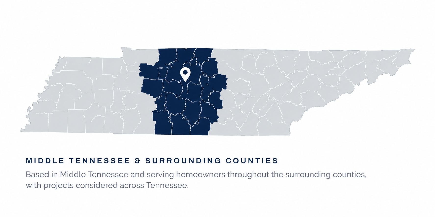 Map of Tennessee with the Middle Tennessee counties served by MJH Roofing highlighted in navy