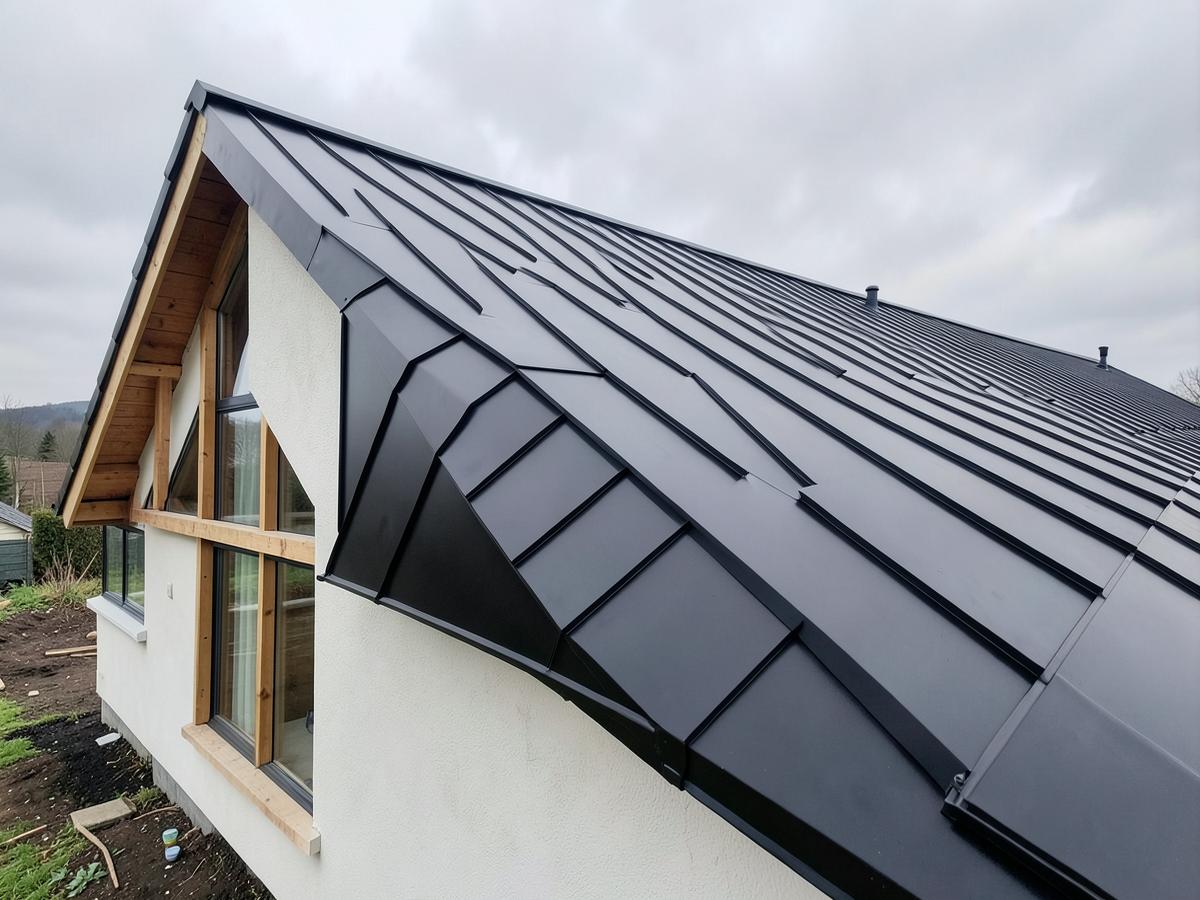 Newly installed matte black standing seam metal roof on a modern home