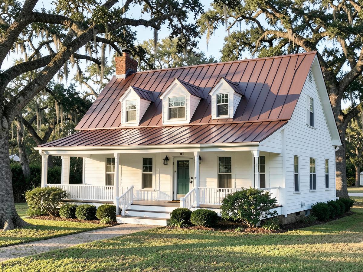 White farmhouse with a bronze standing seam metal roof and covered front porch