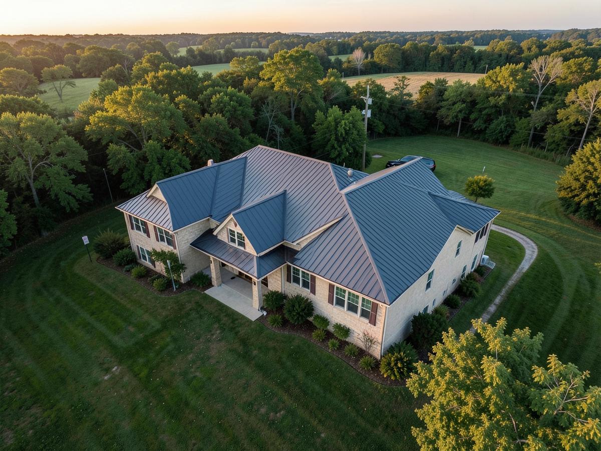 Aerial view of a residential home with a dark grey metal roof in the Tennessee countryside